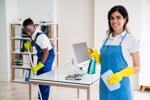 Smiling professional cleaners disinfecting Mississauga home office