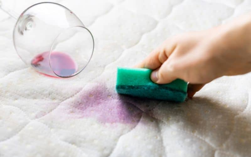 Cleaning wine stain with sponge in couch
