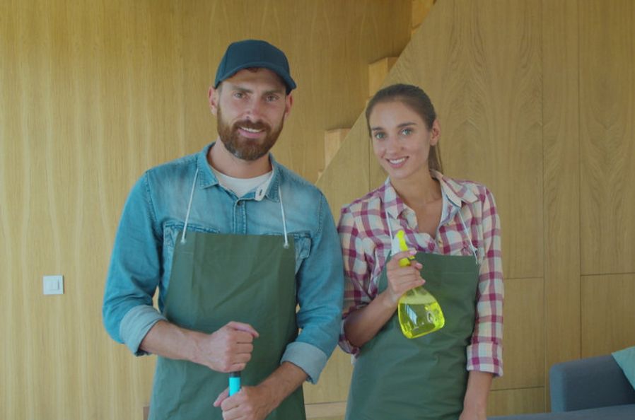 Two professional cleaners in green aprons standing shoulder to shoulder